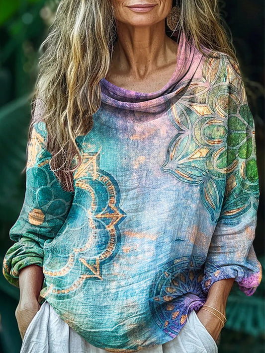 Women's Vintage Ethnic Floral Art Print Casual Long Sleeve Comfortable