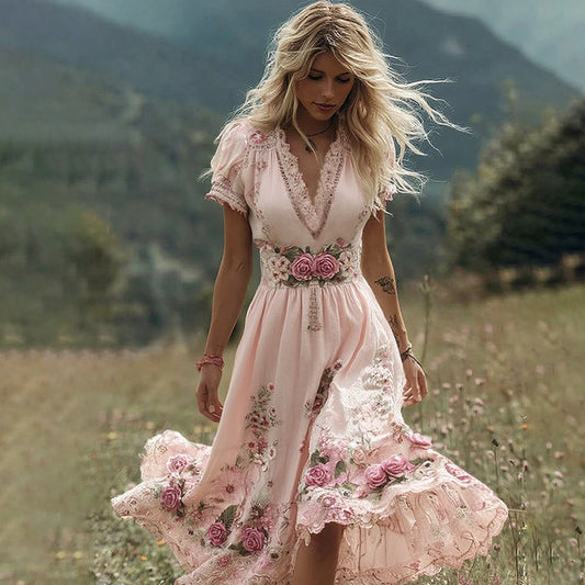 Women's Vintage Rose Embroidery Art Comfy Linen Maxi Dress artswardrobe