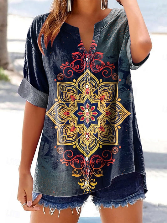 Women's Mandala Pattern Art Print Cotton Linen Casual Shirt