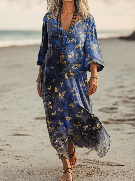 Women's Butterfly Pattern Art Print Pocket Cotton Dress