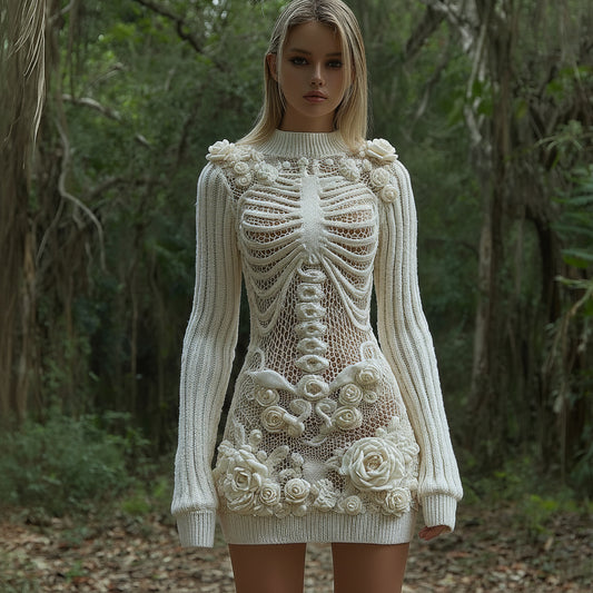 Women's Vintage Skull Rose Art Comfortable Elegant Sweater Dress elevenforest