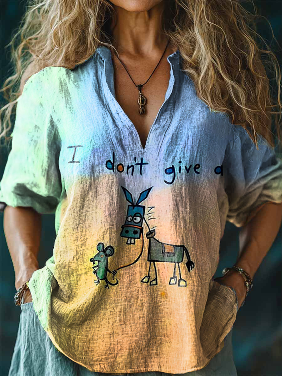 I Don���t Give A Funny Donkey Letter Print Casual Cotton Linen Shirt
