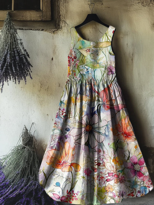 Women's Ink Wash Painting Floral Art Print Sleeveless Cotton Pocket Dr