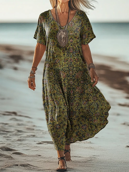 Women's Ethnic Flower Art Print V Neck Pocket Cotton Dress