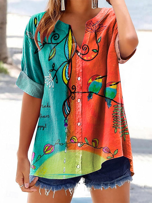 Women's Vintage Floral Bird Art Printed Casual Short Sleeve Cotton and