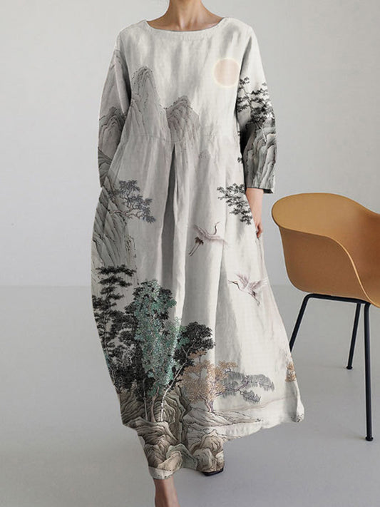 Japanese Landscape Painting Round Neck Long Sleeve Midi Dress
