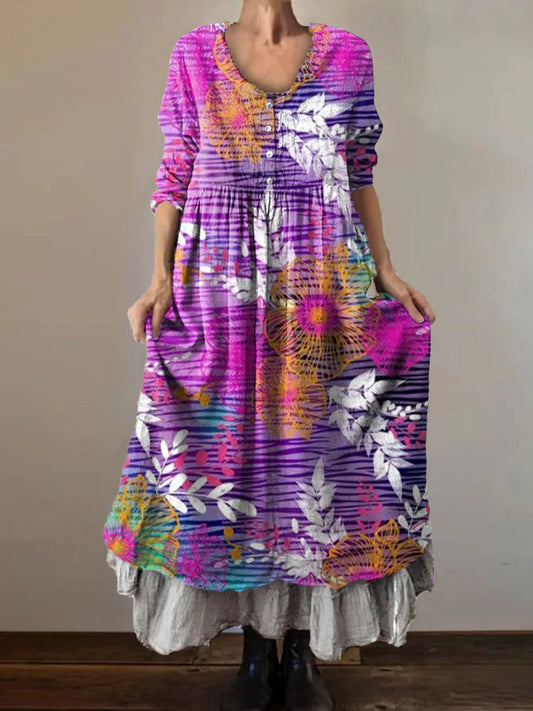 Women's Art Painting Hippie Vintage Floral Print V Neck Dress