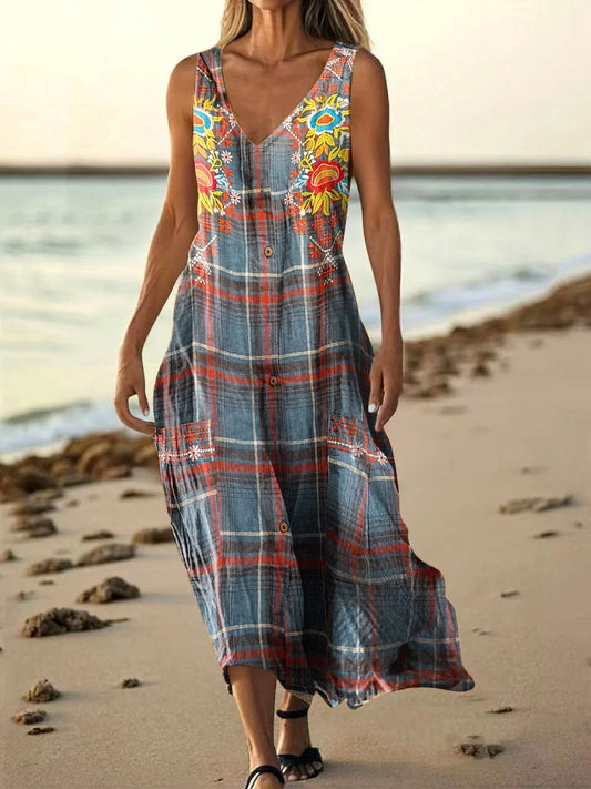 Women's Floral Vintage Plaid Art Print Pocket Cotton Dresses