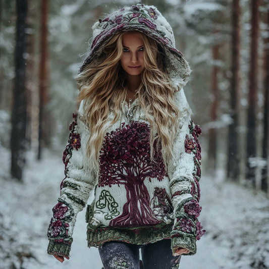 Women's Vintage Viking Tree Of Life Art Knit Hooded Sweater artswardrobe