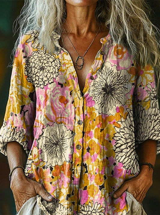 Women's Bohemian Floral Collage Art Print Casual Cotton Linen Shirt