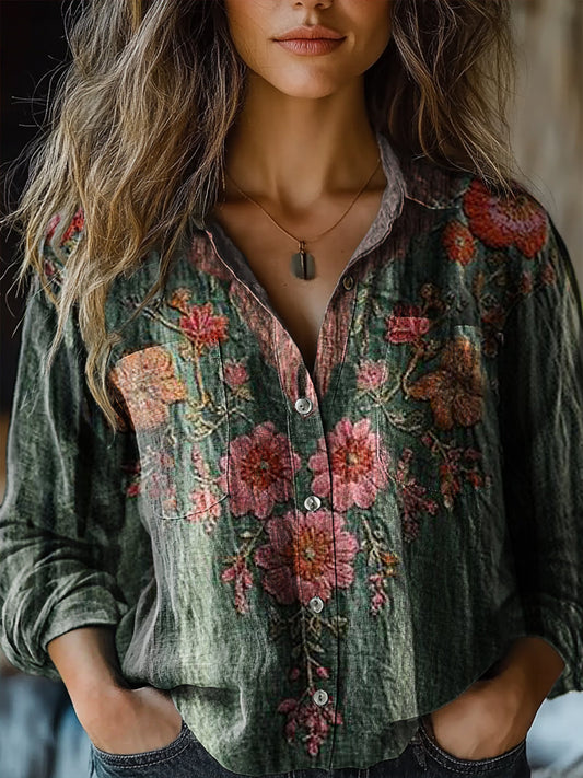Women's Vintage Floral Pattern Art Print Casual Long Sleeve Comfortabl