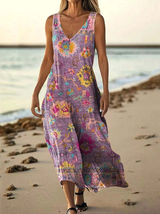 Women's Ethnic Tattoo Pattern Art Print Pocket Cotton Dresses