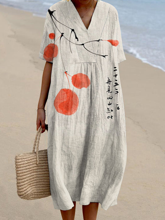 Vintage Ink Wash Painting V Neck Casual Midi Dress