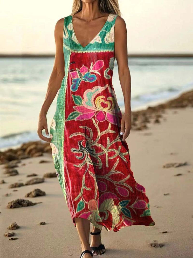 Women's Floral Art Print Pocket Cotton Dresses