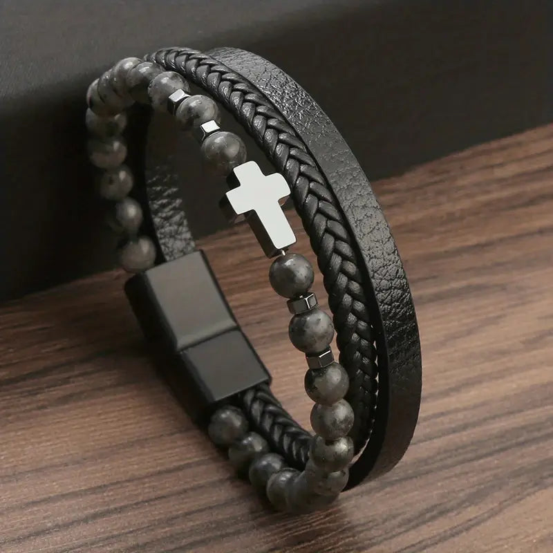 Luxurious Obsidian Cross Stainless Steel Bracelet