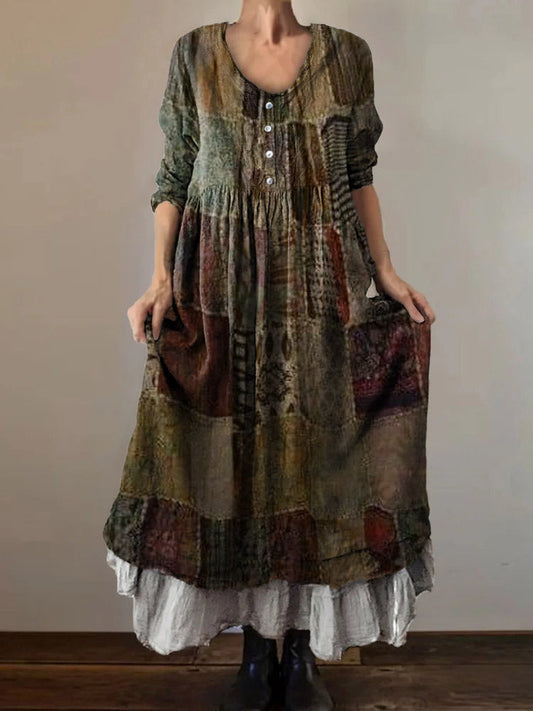 Women's Patchwork Pattern Art Print V-Neck Button Pocket Cotton Dress