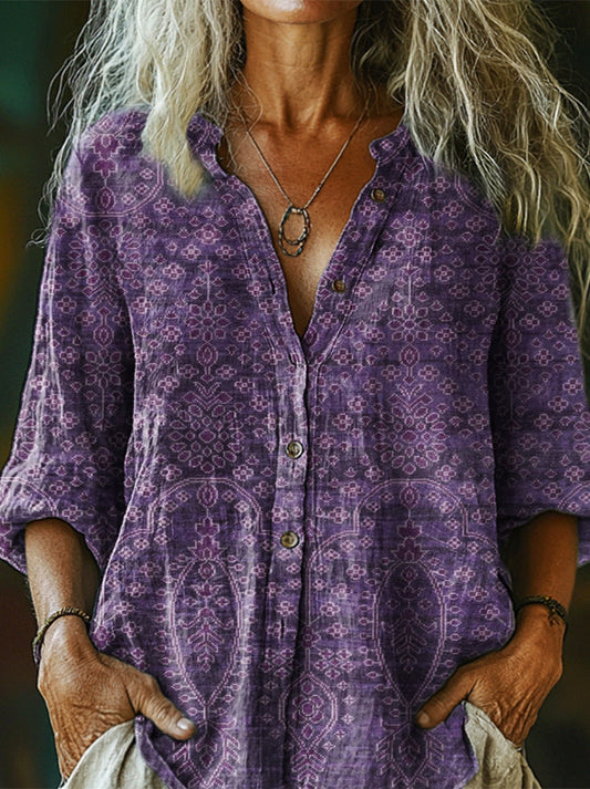 Women's Art Painting Purple Vintage Floral Print Long Sleeve Shirt