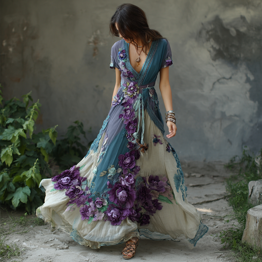 Vintage Gradient Purple Rose And Floral Embroidery Linen Short Sleeve Dress artswardrobe