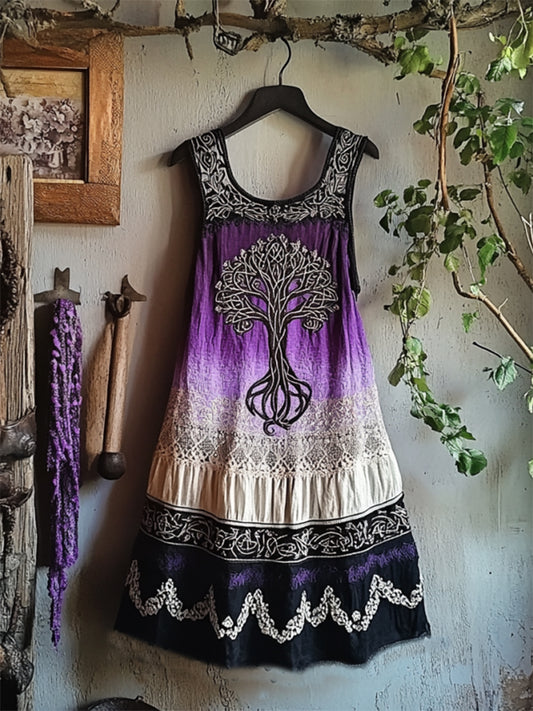 Vintage Tribal Celtic Knot Life Of Tree Patchwork Art Linen Tank Dress artswardrobe