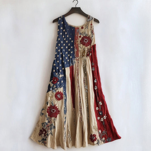 Vintage Flag Inspired Flower Embroidered Linen Midi Dress elevenforest