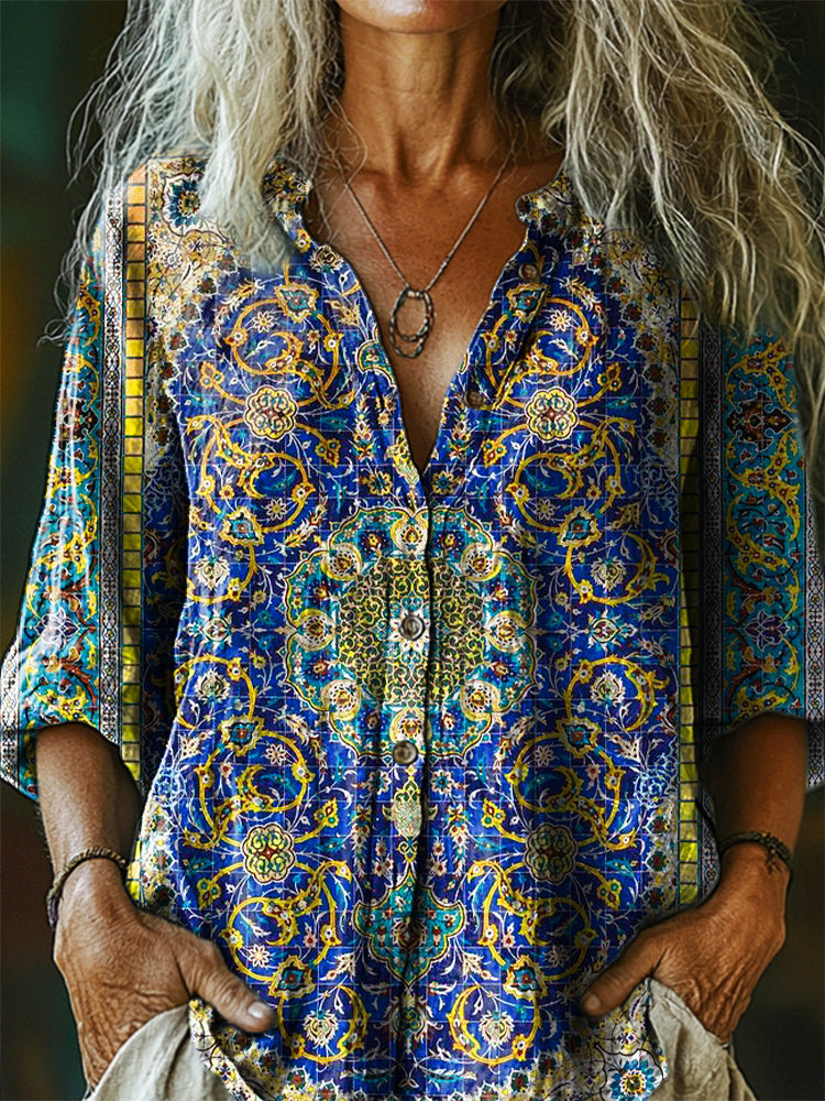 Women's Vintage Ethnic Floral Art Print Casual Cotton Linen Shirt