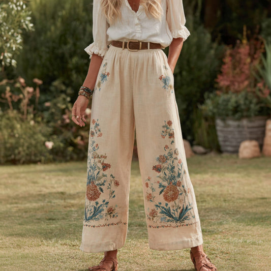 Women's Retro Bohemian Floral Patchwork Linen Trousers elevenforest