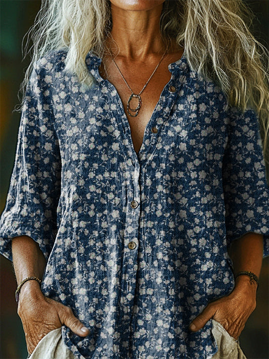 Women's Vintage Floral Art Print Casual Cotton And Linen Shirt