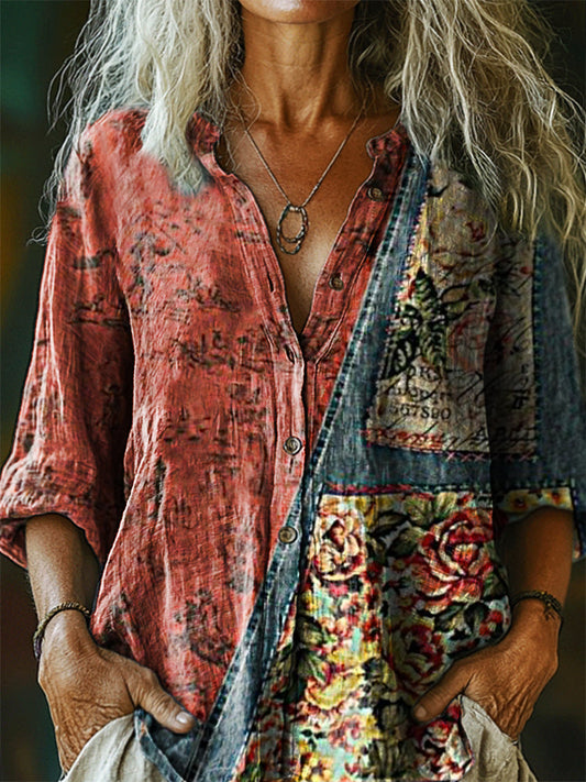 Women's Vintage Ethnic Floral Art Print Casual Cotton Linen Shirt