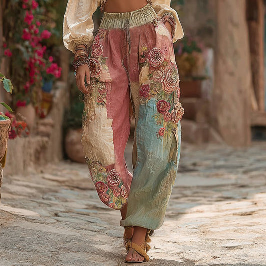 Women's Retro Colorful Rose Stitching Casual Pants elevenforest