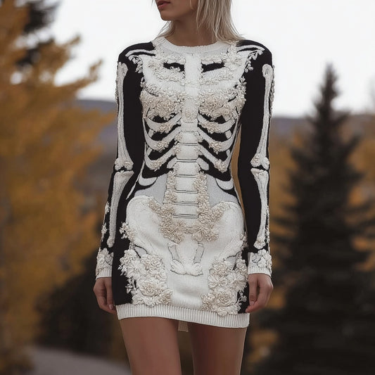 Comstylish Vintage Halloween Skeleton Floral Art Cozy Sweater Dress
