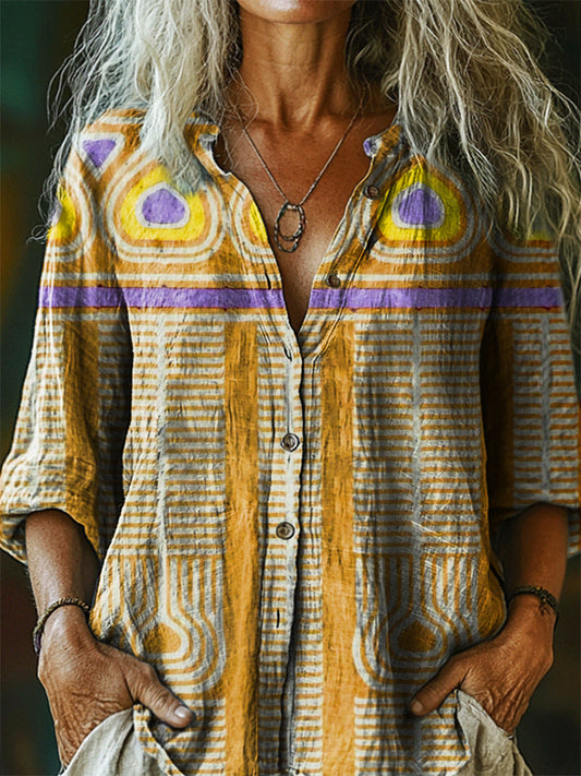 Women's Vintage Bohemian Pattern Art Print Casual Cotton Linen Shirt