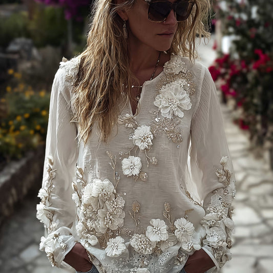 Comstylish Bohemian Beaded Rose Romantic Casual Round-neck Long-sleeved Sweater