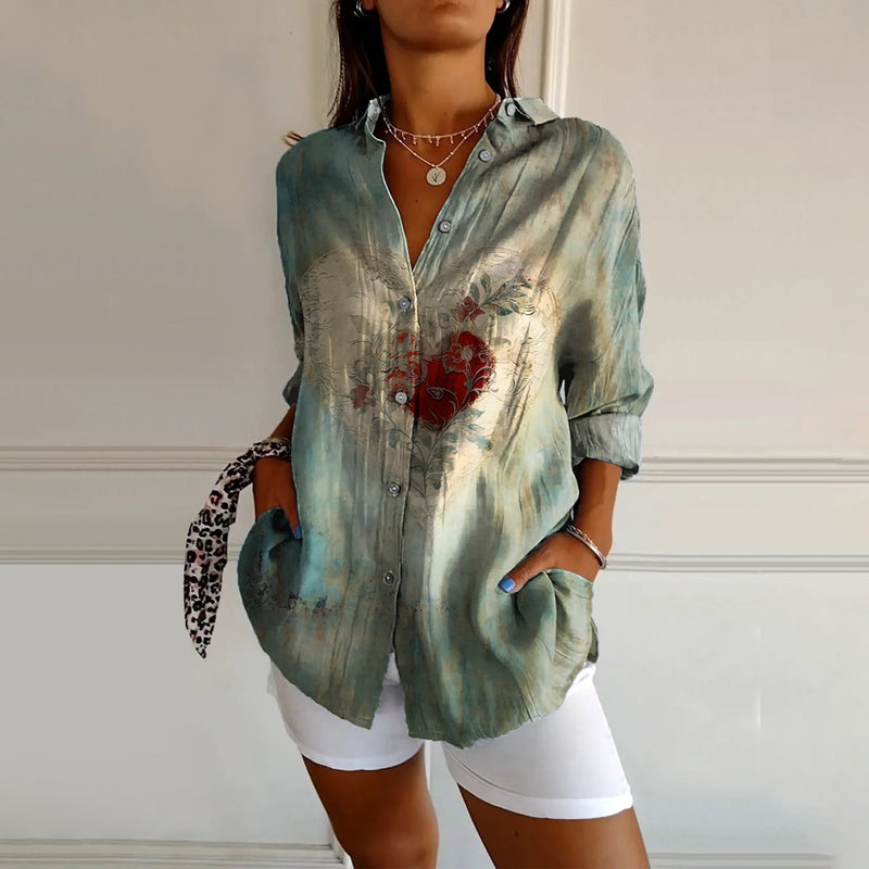 Women's Love Tattoo Pattern Art Print Casual Cotton Shirt