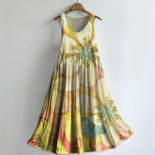 Women's Vintage Floral Art Print Crew Neck Sleeveless Cotton Pocket Dr