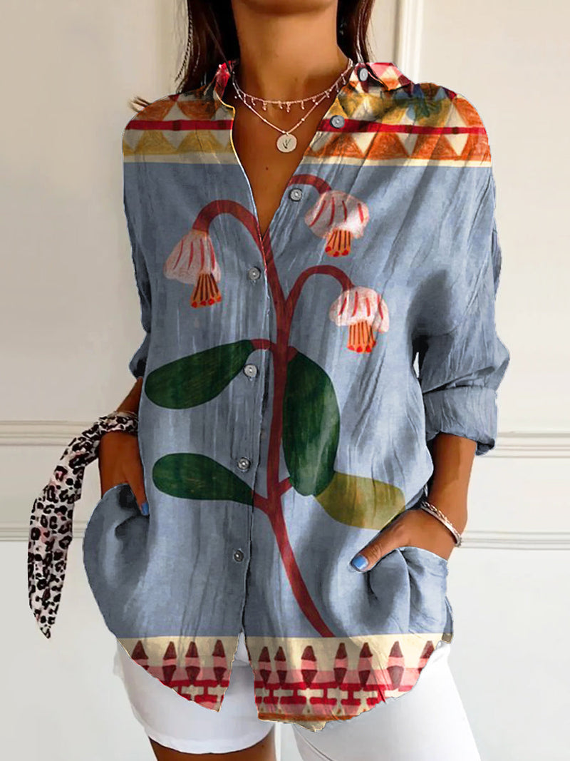 Women's Vintage Floral Art Print Casual Cotton Shirt