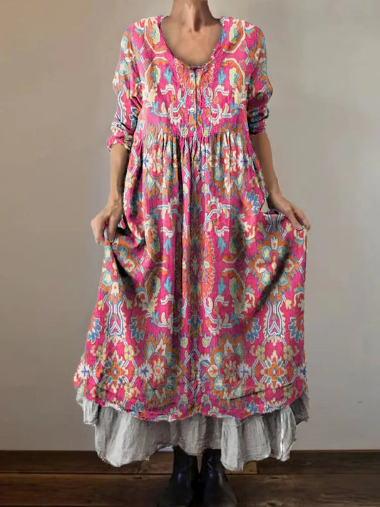 Women's Boho Ethnic Totem Art Pattern Print Button Pocket Cotton Dress