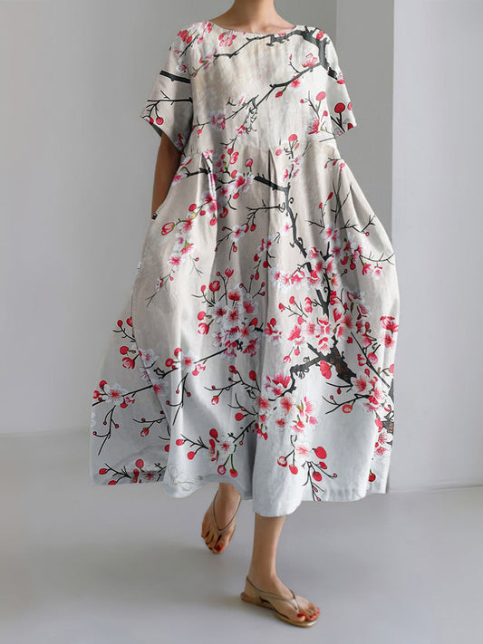 Blossom Japanese Art Round Neck Short Sleeve Casual Midi Dress