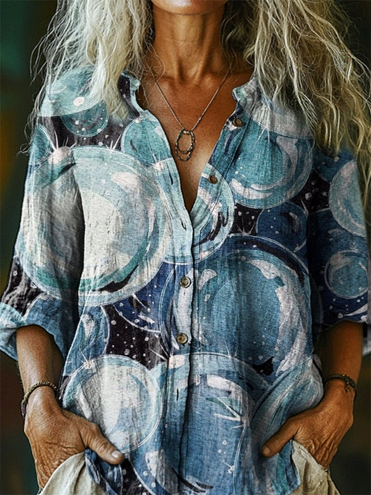 Women's Bubble Pattern Art Print Linen Cotton Casual Shirt