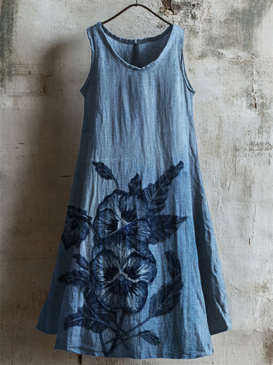 Pansy Flowers Denim Fiber Art Tank Dress artswardrobe