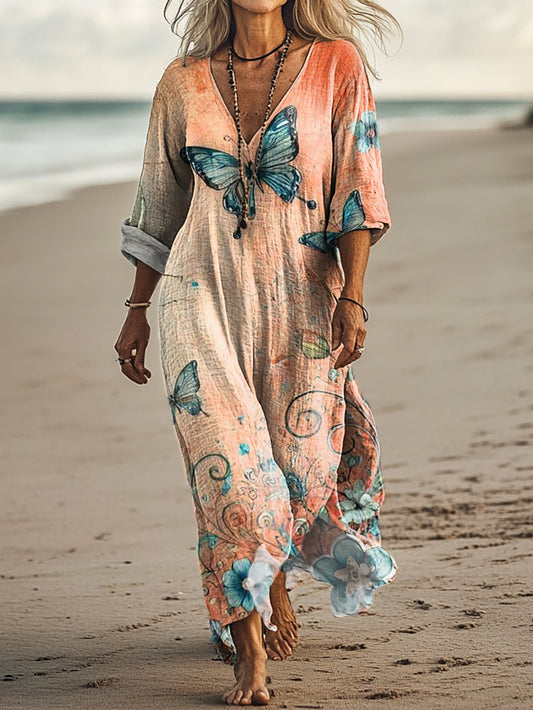 Women's Vintage Butterfly Art Print Pocket Cotton Dress
