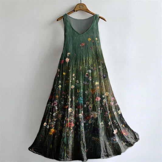Women's Vintage Floral Art Print Crew Neck Sleeveless Cotton Pocket Dr