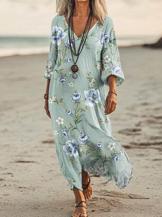 Women's Floral Art Print Pocket Cotton Dresses