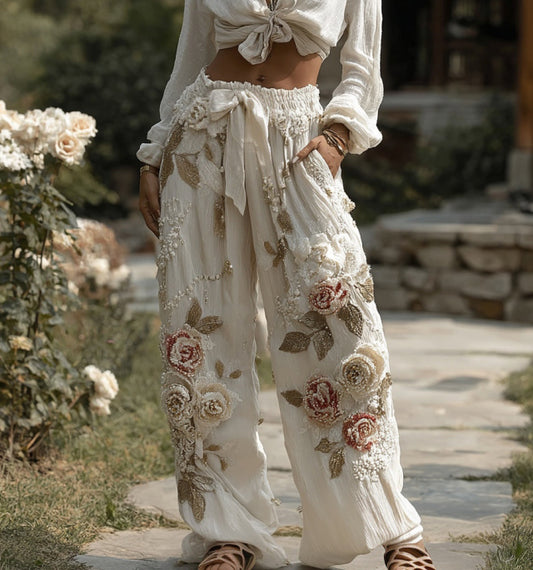 Women's Retro Floral Embroidery Art Casual Linen Pants elevenforest