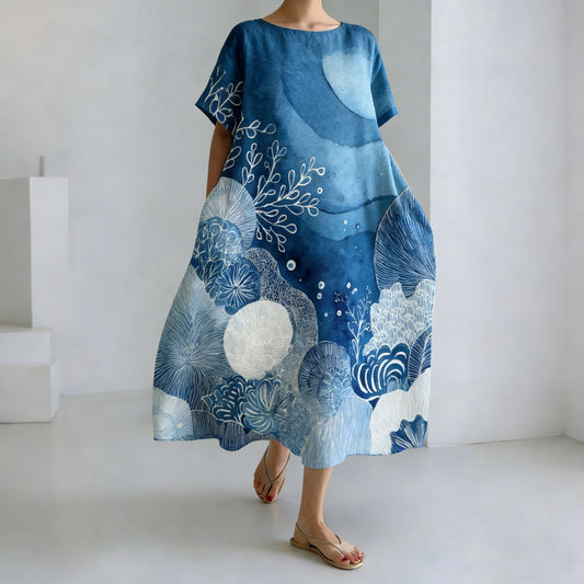 Comstylish Women's Japanese Ink Painting Style Ocean Plant Pattern Comfortable Dress
