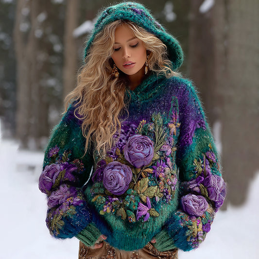 Women's Gradient Rose And Floral Flannel Knitted Warm Hooded Sweater artswardrobe