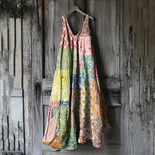 Women's Vintage Floral Patchwork Cotton And Linen Dress artswardrobe