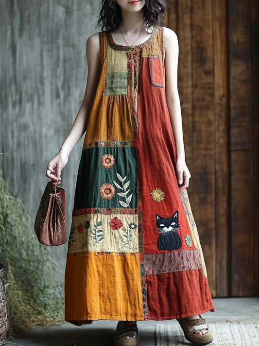 Boho Floral & Cat Patchwork Linen Vest Long Dress artswardrobe