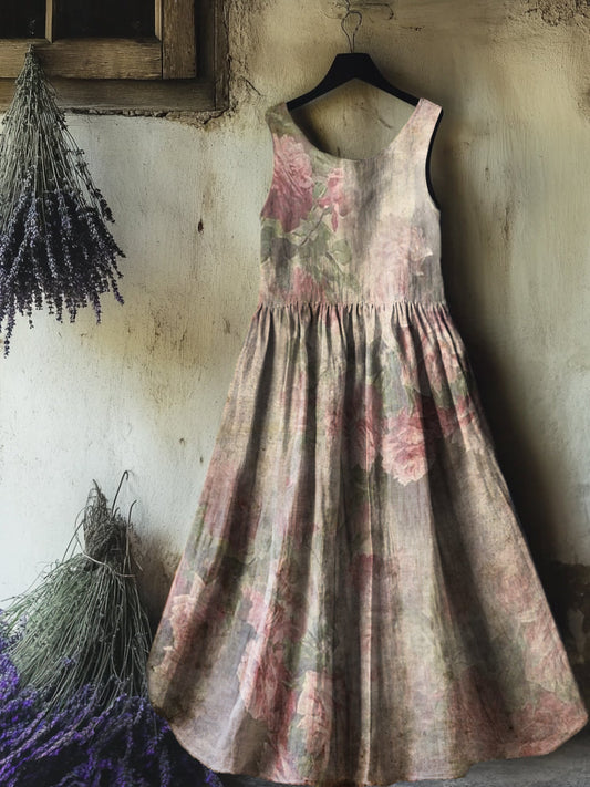 Women's Vintage Rose Floral Art Print Sleeveless Cotton Pocket Dress